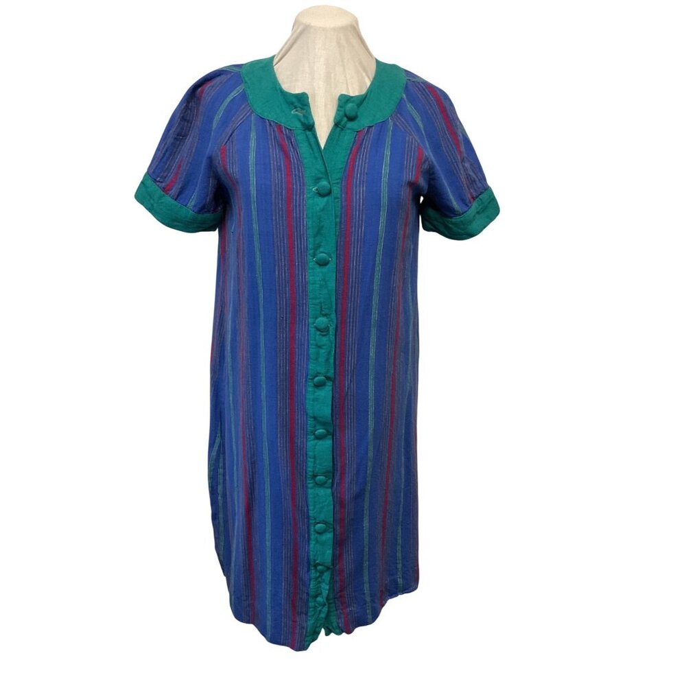 Womens Striped Button-Front Short-Sleeve Cotton Dress Blue & Green Size M